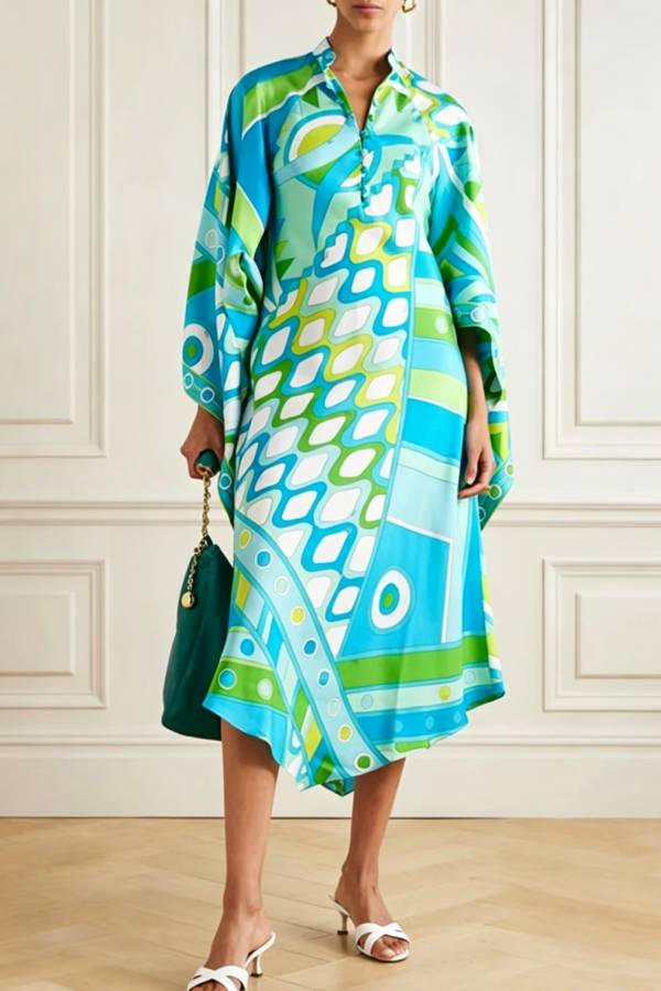 Pandora Satin Unique Art Print Button Up Bell Sleeve Shirt Midi Dress