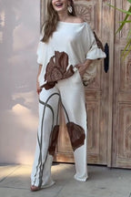 Floral Print Batwing Sleeves Loose-fitting Top and Relaxed Pocket Straight Pants Set