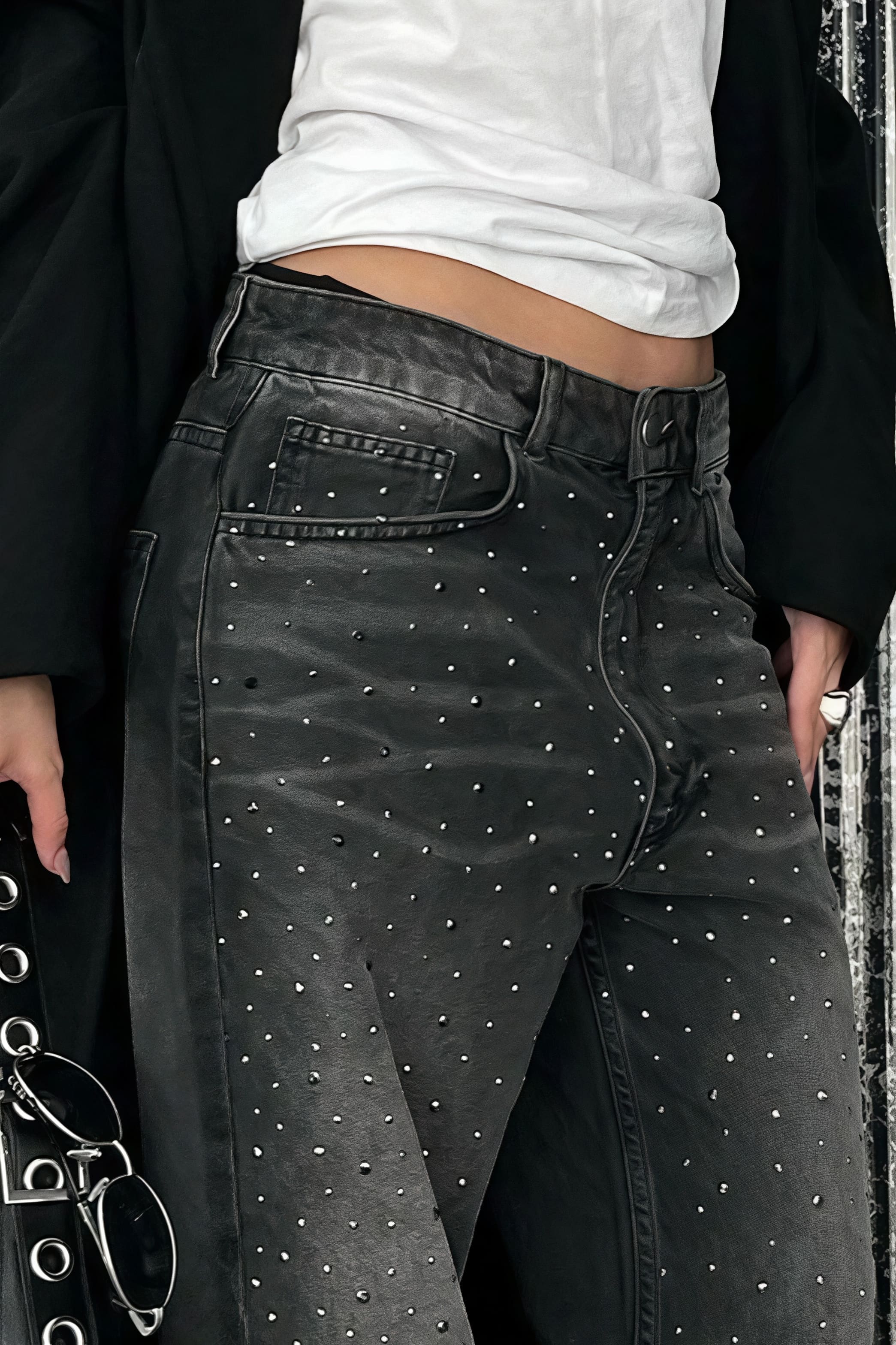 Vintage Rhinestone Distressed Low Waist Wide Leg Jeans