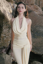 Draped Neckline LowBack Maxi Party Dress