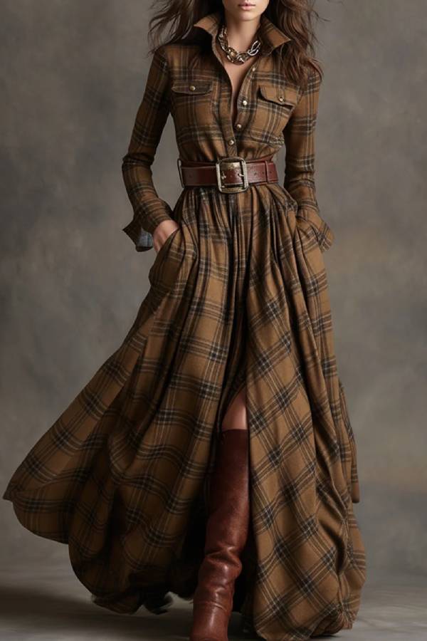 French retro waist long sleeve chiffon dress