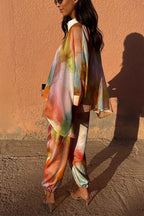 Vacation View Colorful Abstract Print Button Long Batwing Sleeve Oversized Blouse