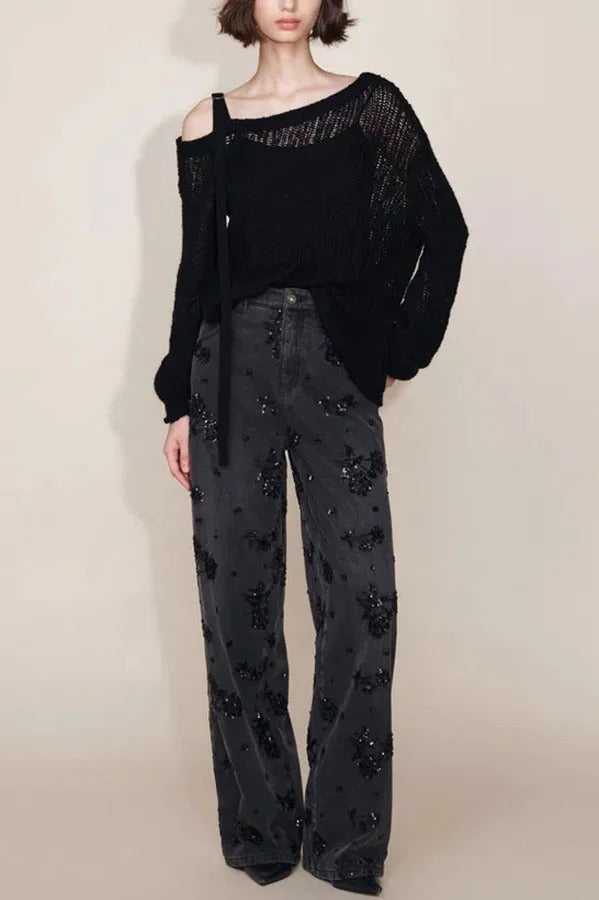 Jhenie Denim Beaded Sequin Floral Pattern Mid Rise Pocket Wide Leg Jeans