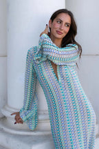 Crochet Colorful Stripe V Neck Flare Sleeve Maxi Dress