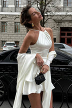 Solid Satin Shawl Cami Ruffle Mini Dress