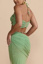 Emara Stretch Mesh Hand Beaded Trim Gathered Sweetheart Crop Halter Vacation Tank