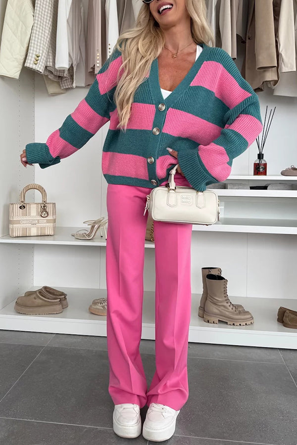 Fashion Contrast Striped Casual V-neck Long-sleeved Knitted Cardigan