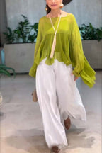 Romantic Journey Chiffon Ruffle Batwing Sleeve Top and Elastic Waist Pocket Loose Pants Set