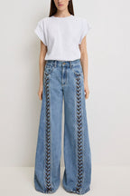 Harloe Denim High Rise Front Center Slit Rope Knot Design Pocket Wide Leg Jeans