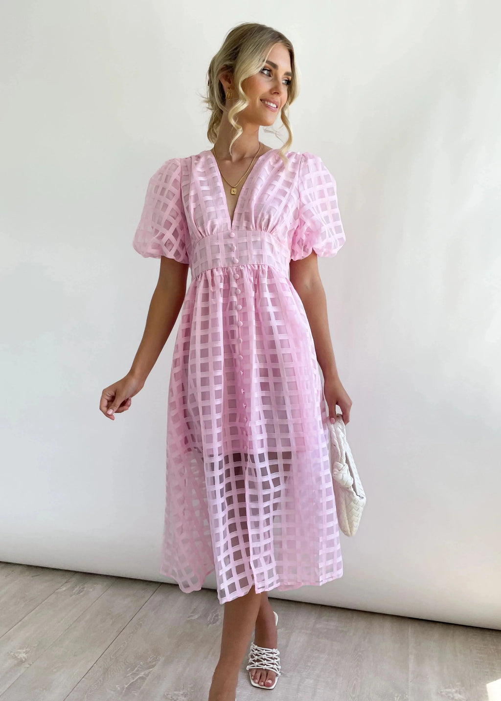 Beautiful square pattern fabric puff sleeve midi