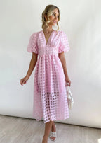 Beautiful square pattern fabric puff sleeve midi