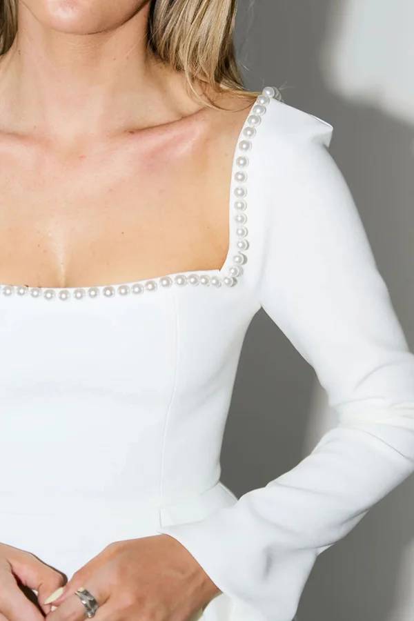 Lena Chic Beaded Long Sleeve Mini Dress with Square Neckline Elevated Occasion Wear