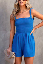 Square Collar Frill Smocked Solid Cami Romper
