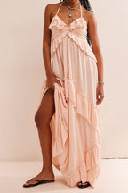 Solid Backless Ruffle Patchwork Boho Dress