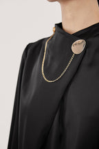 Black Mock Neck Ornamental Lantern Sleeve Blouse