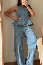 Sweet Casual Denim Cherry Print High Rise Pocket Straight Leg Loose Jeans