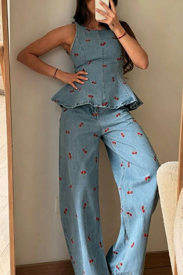 Sweet Casual Denim Cherry Print Princess Seams Flare Vest Top