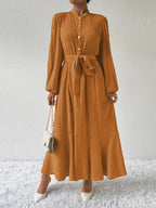 Delaney Chic Long Sleeved Maxi Dress with Tie Belt Elevated Occasion Wear