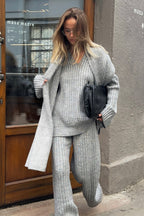 Relaxed Fit V Neck Ribbed Sweater with Pants Two Piece Pants Set