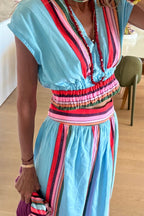 Stylish Striped Print V-neck Cropped Top and Elastic Waist Casual Maxi Skirt Set