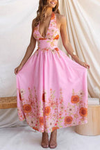 Sunflower Print Halter Backless Waist Tiered Maxi Dress