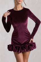 Velvet Pleated Hem Long Sleeve Party Dress