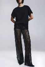Yulissa Layered Sequin Tassels Mid Rise Stretch Waist Wide Leg Pants