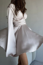 Solid V-neck Bow Snug Long-Sleeve Mini Dress