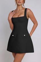 Elegant Tweed Square Neck Open Back Slim Pocket Mini Dress