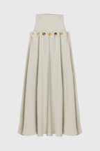 Custom Look Linen Blend Unique Metal Pattern Buttons Lace-up Waist Crisp Hem Maxi Skirt