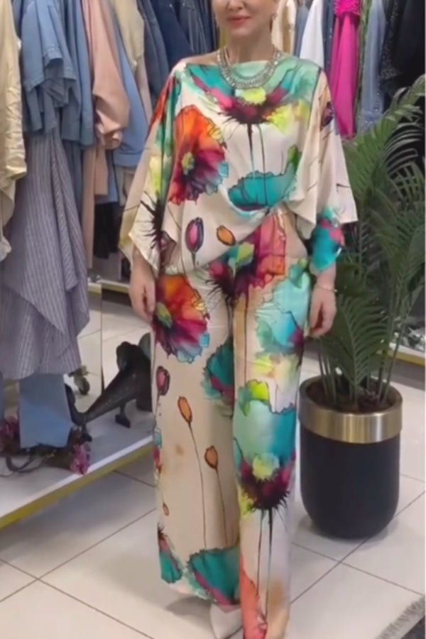 Ink Wash Floral Print Batwing Sleeve Wide Leg Pants Set