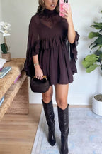 High Neck Sheer Ruffle Trim Cape Mini Dress