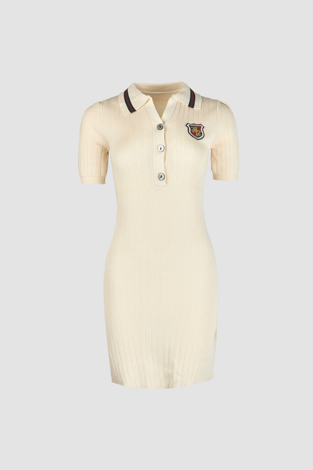 Ivory Embroidered Patch Polo Rib-Knit Dress