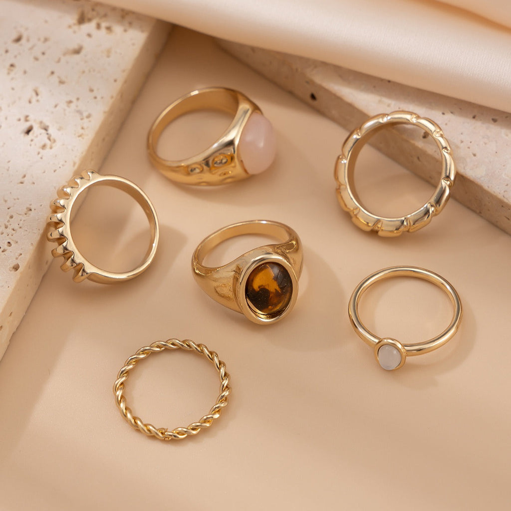6-Piece Irregular Gemstone Metal Ring Set