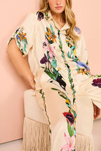 Modern Sophisticated Feel Satin Unique Print Button Down Oversized Blouse