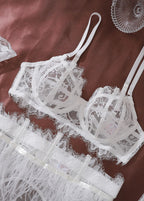 Feather Lace Lingerie Set with Gloves – White Bridal 3-Piece