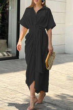 V-Neck Pleated Belt Short Sleeve Dress