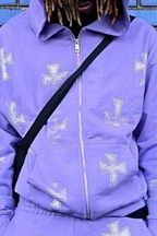 Casual Loose Rhinestone Hooded Zip Hoodie