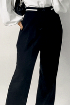 Black Contrast Strap Detail Wide Leg Work Pants