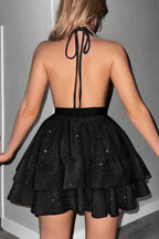 Shiny Deep V Ruffle Flared Mini Dress