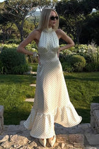 Polka Dot Backless Satin Maxi Dress