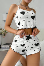 Heart Pattern Ribbed Cami Top Pajama Shorts Set