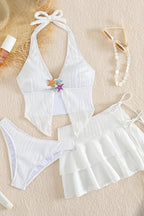 Sexy Solid Halter Starfish Three Piece Swim Set