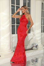 Sexy Halter 3D Flower Embroidery Open Back Bodycon Party Dress