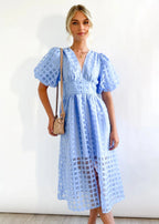 Beautiful square pattern fabric puff sleeve midi