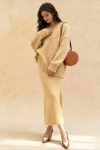 Lazy V-neck Knit Sweater Mermaid Skirt Two Piece Set