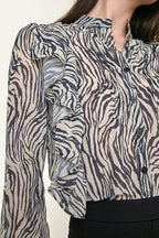 Black Zebra Print Ruffle Trim Button-Up Chiffon Work Shirt