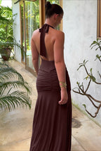 Halter V-Neck Backless Ruched High Slit Party Dress