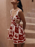 Floral Decorative Unique Print V - Neck Hollow A - Line Mini Dress
