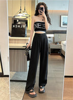 Black Business Casual Double Buckle Wide-leg Suit Pants